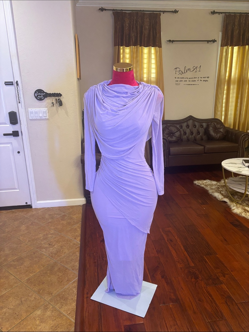 Lavender Draped Long-Sleeve Evening Dress